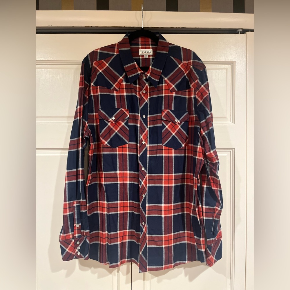 Tecovas Navy and Red Plaid Button-Down Shirt